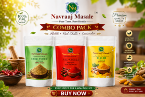 "Navraaj Masale Premium Spice Combo Pack with Coriander Powder, Red Chilli Powder and Haldi Powder, 100g each – pure, fresh and hygienically packed Indian spices."